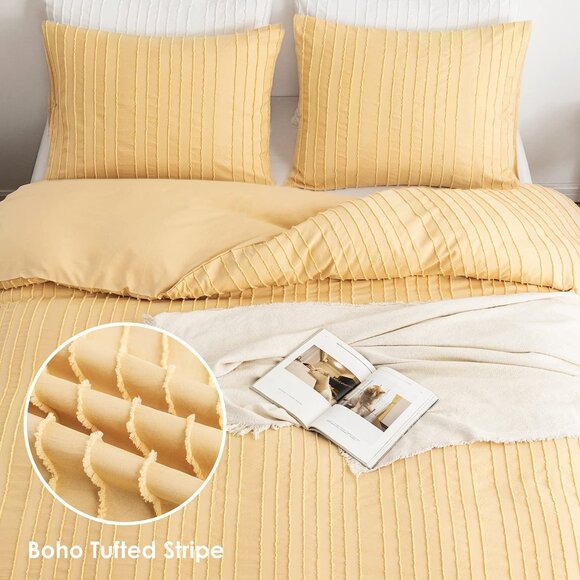Boho Duvet Cover Striped Textured Duvet Cover Set Tufted Bedding Set  Yellow - Picture 2 of 6